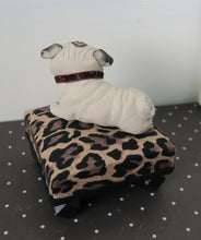 Load image into Gallery viewer, Pug on a Leopard print Pedestal bed Mixed Media Hand Sculpted Collectible