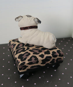 Pug on a Leopard print Pedestal bed Mixed Media Hand Sculpted Collectible