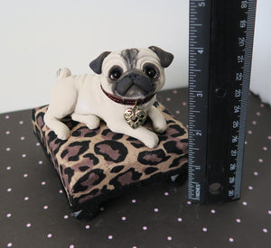 Pug on a Leopard print Pedestal bed Mixed Media Hand Sculpted Collectible