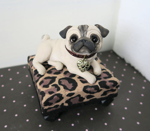 Pug on a Leopard print Pedestal bed Mixed Media Hand Sculpted Collectible