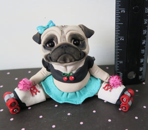 Roller Skating Pug Sculpture Hand Sculpted Collectible