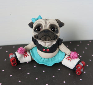 Roller Skating Pug Sculpture Hand Sculpted Collectible