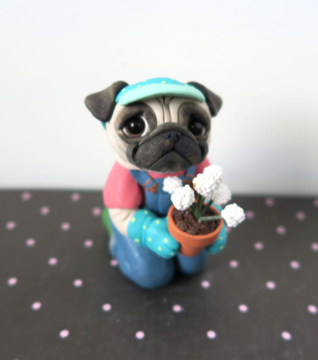 Gardening Pug Sculpture Hand Sculpted Collectible