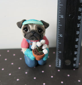 Gardening Pug Sculpture Hand Sculpted Collectible