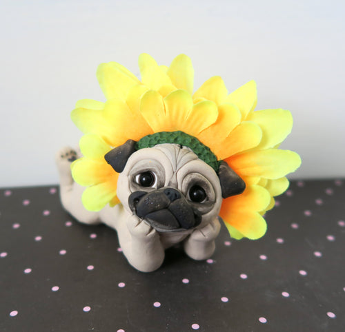 Sunflower Pug Sculpture Hand Sculpted Collectible