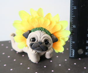 Sunflower Pug Sculpture Hand Sculpted Collectible