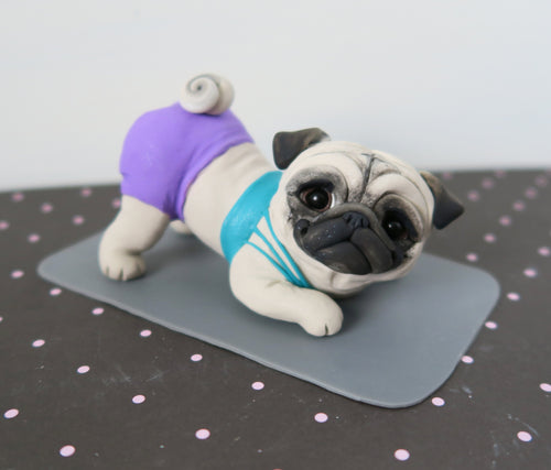 Downward Dog Yoga Pug Sculpture Hand Sculpted Collectible