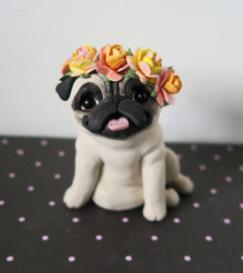 Flower Crown Pug Sculpture Hand Sculpted Collectible