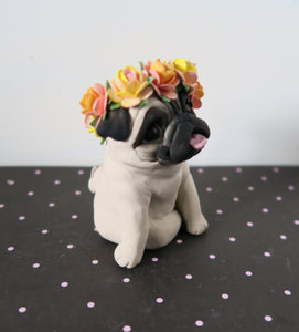 Flower Crown Pug Sculpture Hand Sculpted Collectible