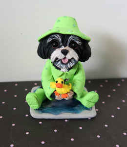 Rainy Day Havanese with baby duckling friend Hand Sculpted Collectible