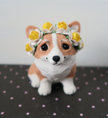 Floral Rose crown Corgi Cutie Hand Sculpted Collectible