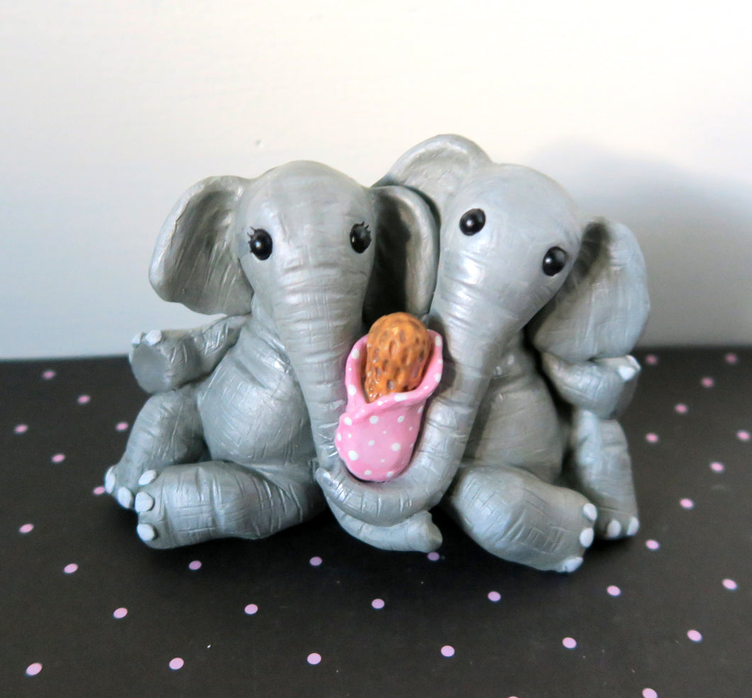 Elephant Parents with their Peanut Collectible Keepsake Handmade & Painted Resin Cake topper figurine