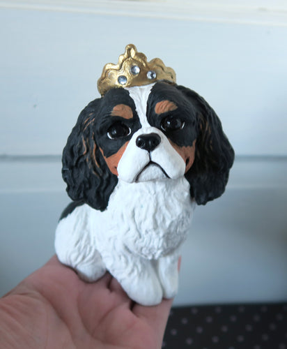 Tri Cavalier King Charles Spaniel with Crown Handmade Resin Collectible Figurine