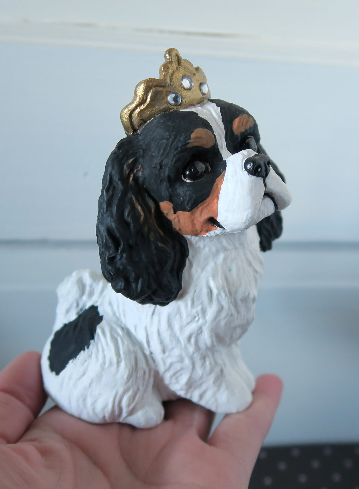 Tri Cavalier King Charles Spaniel with Crown Handmade Resin Collectible Figurine