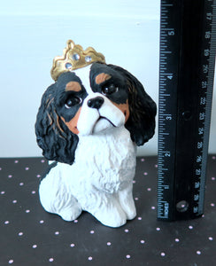 Tri Cavalier King Charles Spaniel with Crown Handmade Resin Collectible Figurine