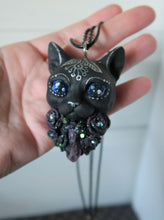 Load image into Gallery viewer, Black Cat Amethys stone Dark Purple Roses pendant necklace