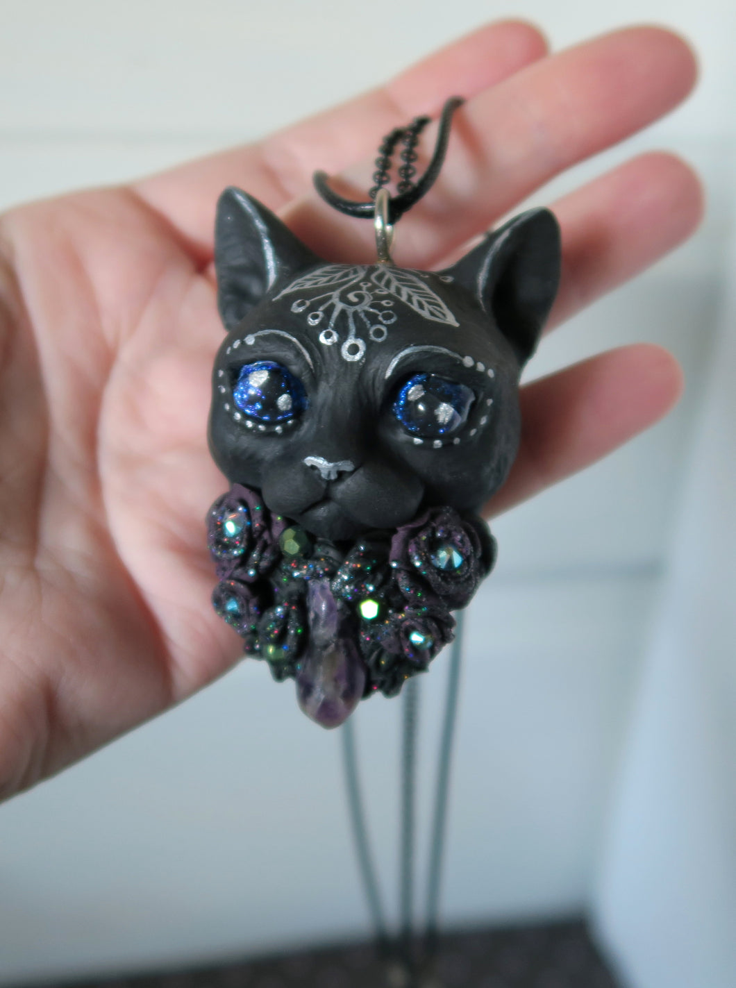 Black Cat Amethys stone Dark Purple Roses pendant necklace