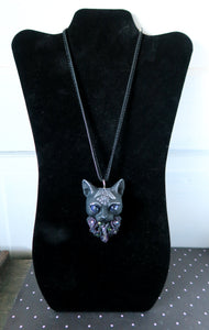 Black Cat Amethys stone Dark Purple Roses pendant necklace