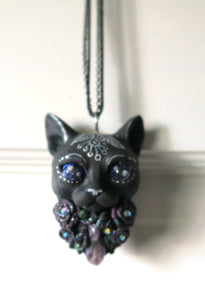 Black Cat Amethys stone Dark Purple Roses pendant necklace