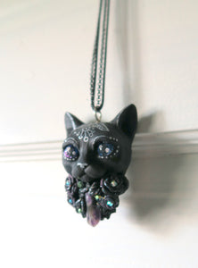 Black Cat Amethys stone Dark Purple Roses pendant necklace