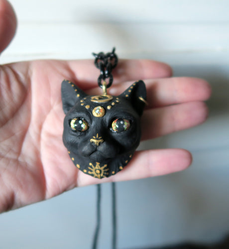 Black Cat with Gold Moon & Star Painted pendant necklace