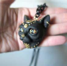 Load image into Gallery viewer, Black Cat with Gold Moon &amp; Star Painted pendant necklace