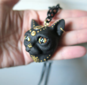 Black Cat with Gold Moon & Star Painted pendant necklace
