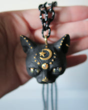 Load image into Gallery viewer, Black Cat with Gold Moon &amp; Star Painted pendant necklace