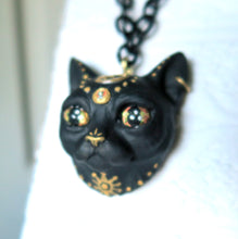Load image into Gallery viewer, Black Cat with Gold Moon &amp; Star Painted pendant necklace