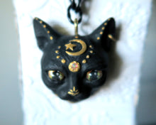 Load image into Gallery viewer, Black Cat with Gold Moon &amp; Star Painted pendant necklace