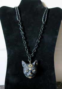 Black Cat with Gold Moon & Star Painted pendant necklace