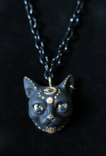 Load image into Gallery viewer, Black Cat with Gold Moon &amp; Star Painted pendant necklace