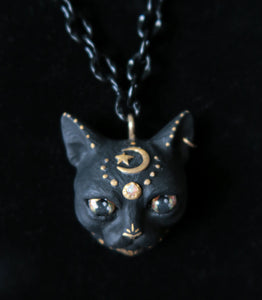 Black Cat with Gold Moon & Star Painted pendant necklace