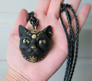 Black Cat with Gold Moon & Star Painted pendant necklace