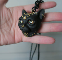 Load image into Gallery viewer, Black Cat with Gold Moon &amp; Star Painted pendant necklace