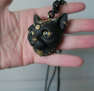 Black Cat with Gold Moon & Star Painted pendant necklace