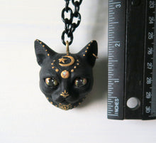 Load image into Gallery viewer, Black Cat with Gold Moon &amp; Star Painted pendant necklace