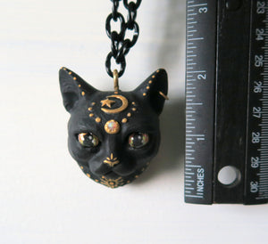 Black Cat with Gold Moon & Star Painted pendant necklace