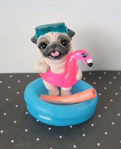 Inflatable Pool Pug with Pool Toys Hand Sculpted Collectible