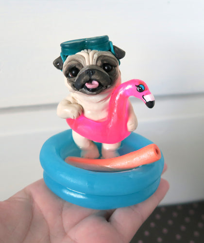 Inflatable Pool Pug with Pool Toys Hand Sculpted Collectible