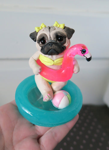 Inflatable Pool Pug with Pool Toys Hand Sculpted Collectible
