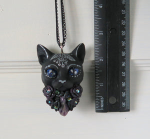 Black Cat Amethys stone Dark Purple Roses pendant necklace