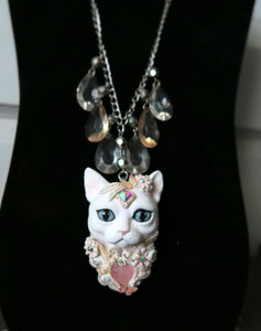 White Cat with Butterflies, Flowers, Feathers, and Crystals Painted Pendant Necklace