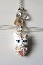 Load image into Gallery viewer, White Cat with Butterflies, Flowers, Feathers, and Crystals Painted Pendant Necklace