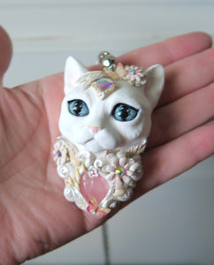 White Cat with Butterflies, Flowers, Feathers, and Crystals Painted Pendant Necklace