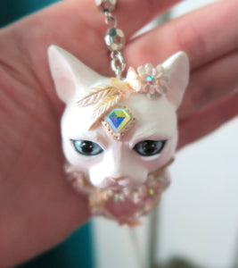 White Cat with Butterflies, Flowers, Feathers, and Crystals Painted Pendant Necklace
