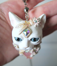 Load image into Gallery viewer, White Cat with Butterflies, Flowers, Feathers, and Crystals Painted Pendant Necklace