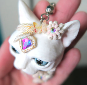 White Cat with Butterflies, Flowers, Feathers, and Crystals Painted Pendant Necklace