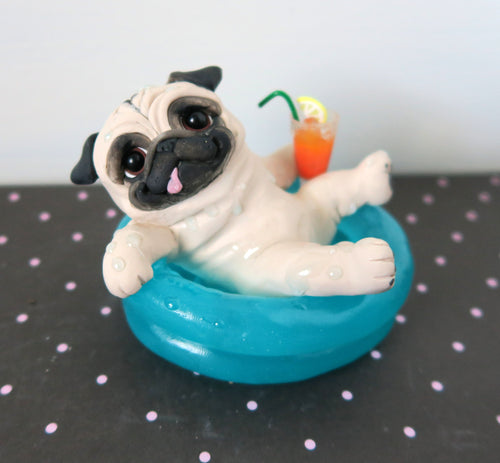 Dog  Darys of Summe Pool Pug with drink Hand Sculpted Collectible