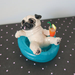 Dog  Darys of Summe Pool Pug with drink Hand Sculpted Collectible